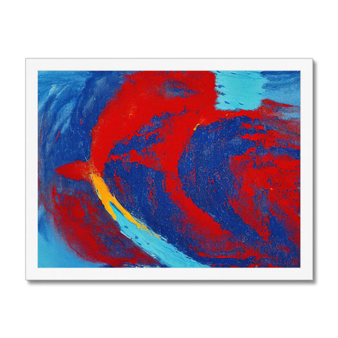 A colorful art print with a wave on the side of a road and an island behind