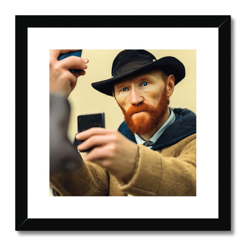 An amish man looking at a light colored photo hanging on a wall.