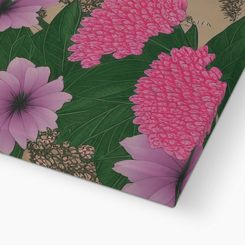 A paper print greeting board with flowers printed on it and a white card.