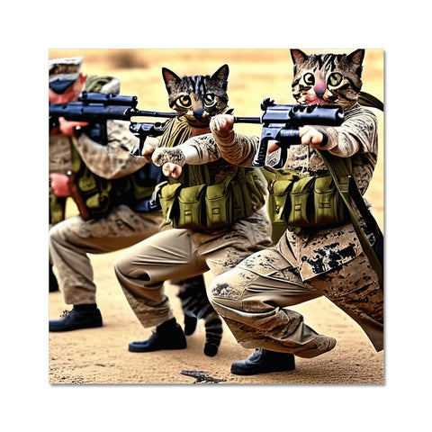 A bunch of soldiers standing holding catted cats in a photo frame.