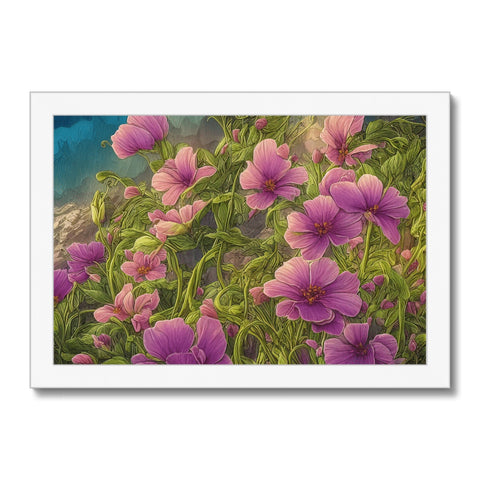 An art print with flowers and purple flowers on a table.