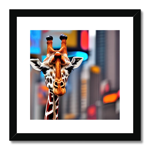 A giraffe sitting in a tree looking at a picture on a wood frame.