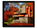 The fall foliage stands in the background of an outdoor room with a sculpture.