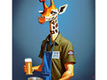 An employee standing behind a giraffe and has a beer in his hand.