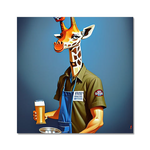 An employee standing behind a giraffe and has a beer in his hand.
