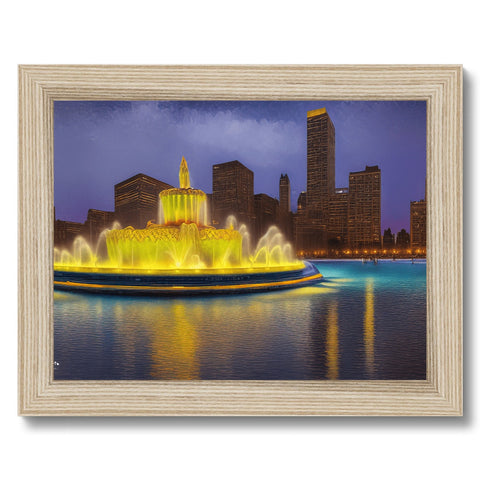A framed picture of the city skyline of Chicago on blue and gold colored wood wood.