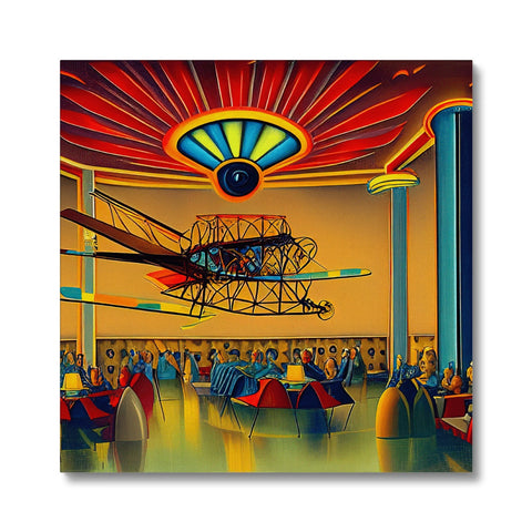 A carnival ride set with flying planes and people standing around the sides with chairs.