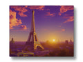 Art print of a Paris skyline with a tall building and a beautiful sunset.
