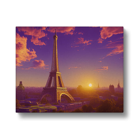 Art print of a Paris skyline with a tall building and a beautiful sunset.