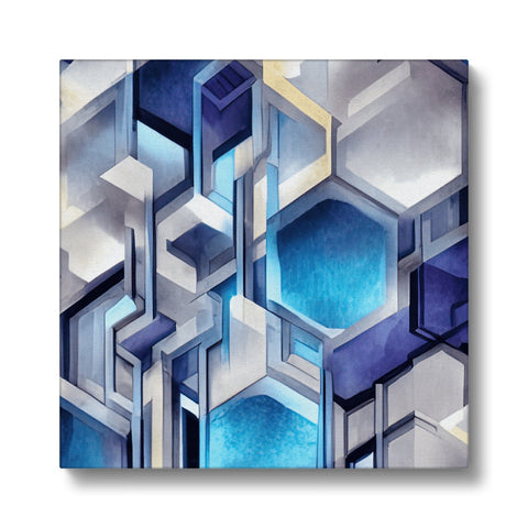 An art print on a blue tile with one half a glass block on it.