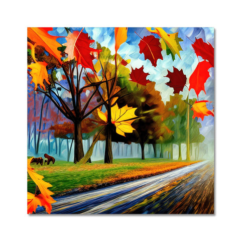 Fall foliage next to an art print that has animals, animals and cars on it.