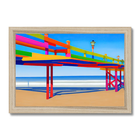 An art art print of Santa Monica on a pier by some wooden blocks and a sign