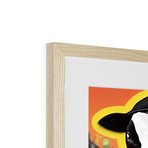 A stuffed penguin standing on top of an art print on a wooden frame.