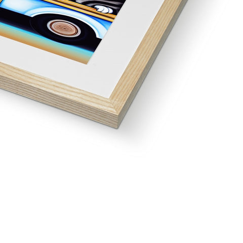 A wooden frame that is holding a picture of an abstract picture in a book.