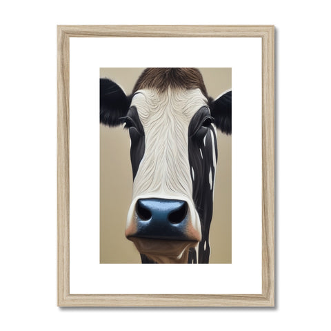 a cow standing in a field looking at a wood framed image of cows