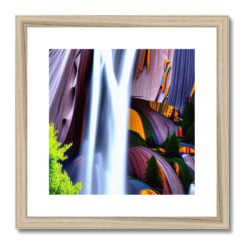 a photo of a waterfall with a wooden frame with an art print