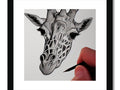Art print of a giraffe with a giraffes face looking at the camera.