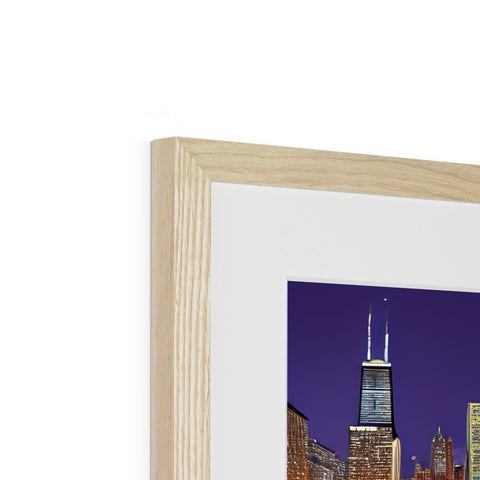 A picture frame with a photo standing near a tall building. the frame has a view