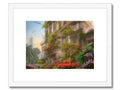 A framed print with a view of a city with flowers and lots of people.