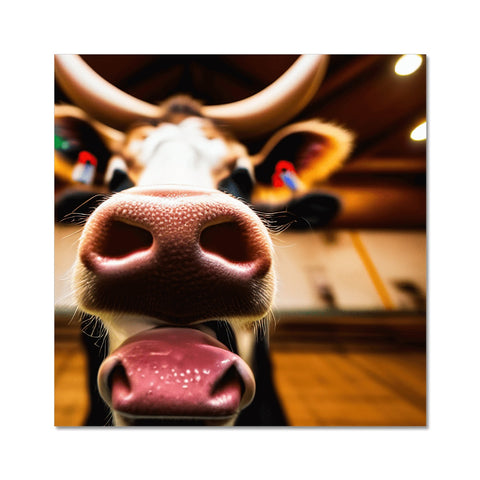 A cow with horns are looking at a camera.