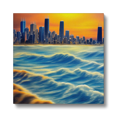 A colorful art print of michrowave, the city skyline, and the ocean