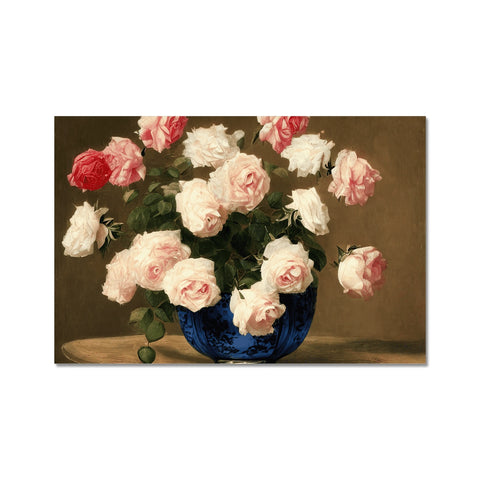 A vase containing two large pink roses and a  blue  flower on top of