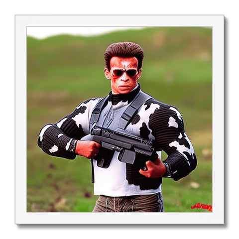 A man is holding a miniature action figure in the front field with weapons and a cow