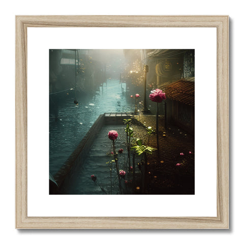 A print of a beautiful picture of a stormy city with water filled streets.