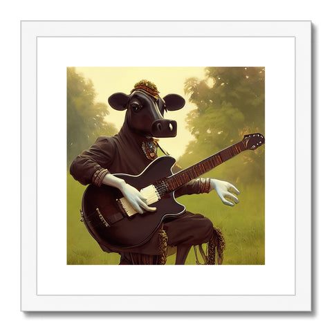 Art prints of a cow that is mooing in public on a statue of a