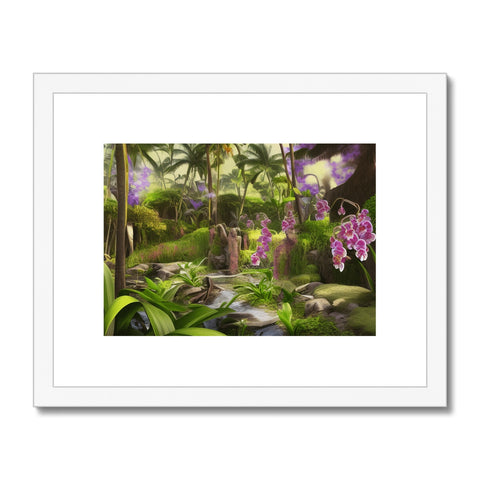 an art print of pink tropical plants and vegetation around a lake where flowers are growing.