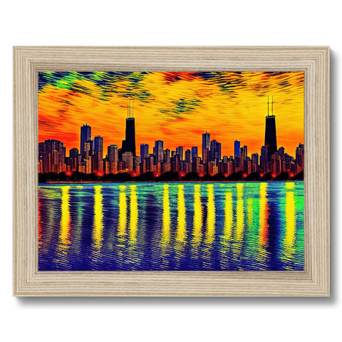 An art print with Chicago skyline standing in a picture frame on a wall.