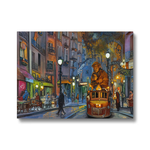 a street full of colorful art prints lit by the orange glow of a street lamp