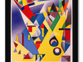 A large colorful painting with various geometric shapes with an abstract design on it.