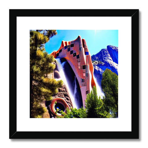 A framed picture of a tall water slide with a waterfall underneath.