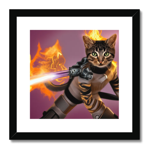 A cat stands under fire in a room with an art print.