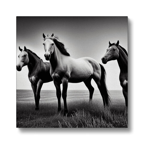 three horses standing in a small field next to a field.