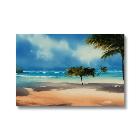 Art print photo of a beach on the ocean near the ocean on a rainy day.