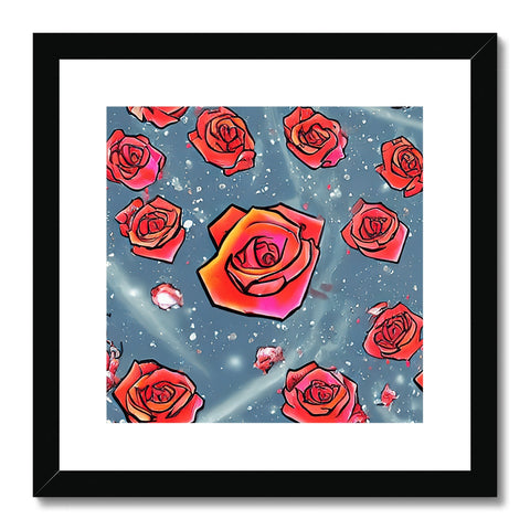 A picture with large pink roses on a paper print.