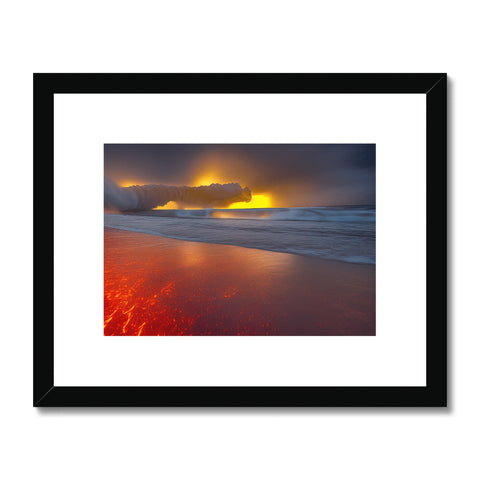 A gold framed photograph of a sunset outside on a beach with fire on it.