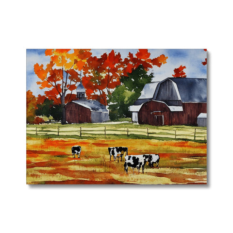 A farm scene with a grassy field of cows grazing on grass, tree, and