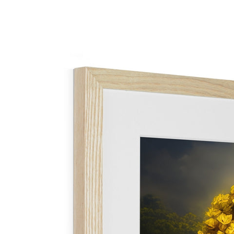 A wooden picture frame on a wall with a very expensive yellow background, and gold frame