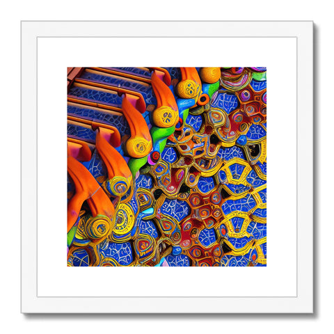 A colorful art print hanging on a wall next to a bowl of food and pillows
