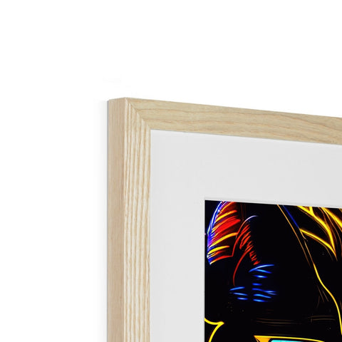 A wooden picture frame with artwork sitting on top of it.