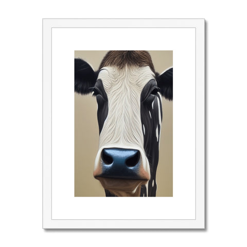 A cow on a farm has its head displayed in a frame.