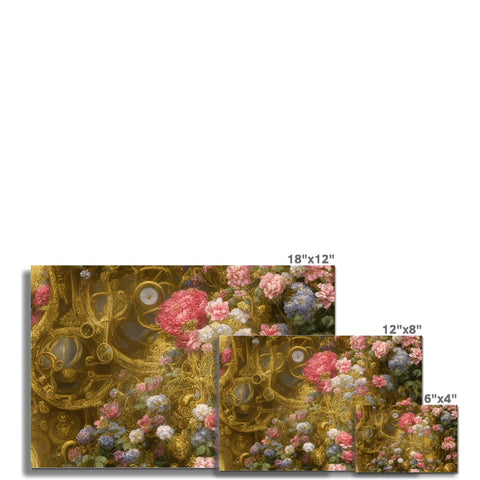 A wall of floral sheets is painted in a brown background with a gold border.