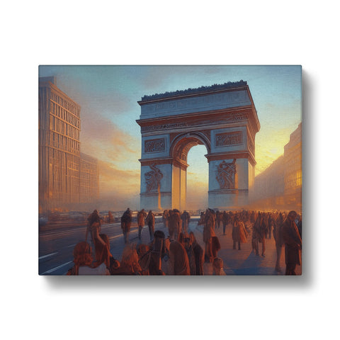 A sunset photograph of Paris is on white paper.