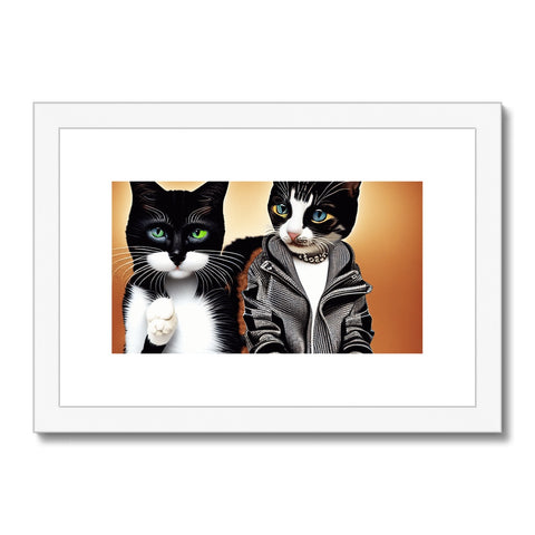 An art print with two cats standing in front of a picture frame.