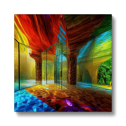 A piece of art is displayed with a glass wall next to colorful tile floor.