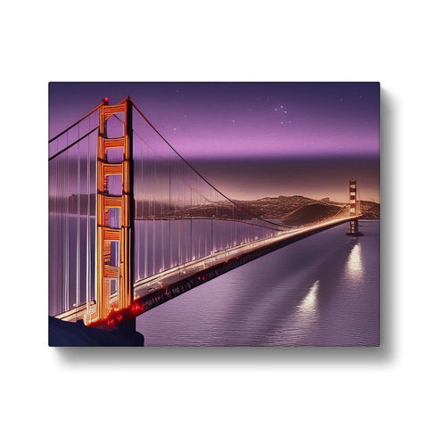 A city is sitting with an art print of a purple bridge in front a view of