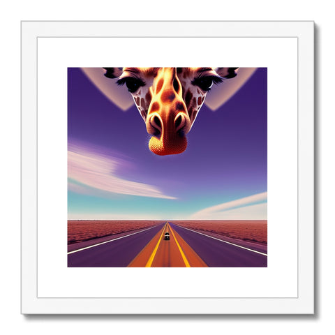 A giraffe and two giraffe looking at a road next to some bushes and a